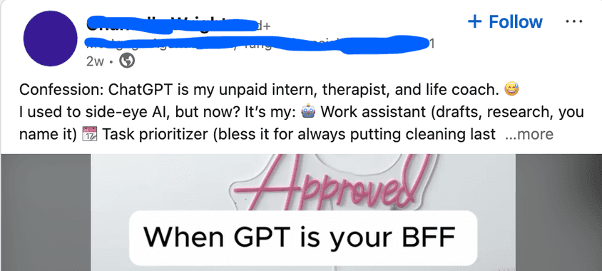 A linkedin post describing ChatGPT as an unpaid intern, among other things.